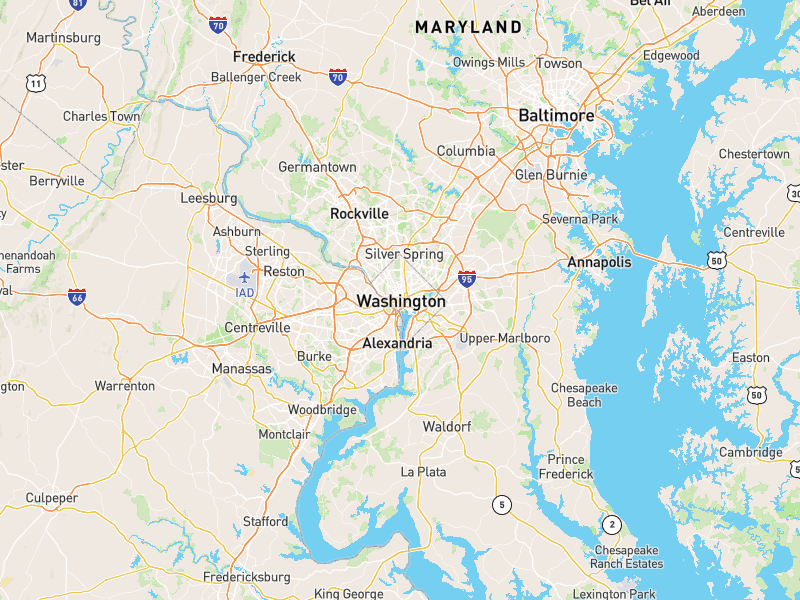Map showing impact areas across Washington DC and Maryland